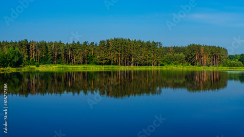 Scenic summer landscape mirror reflection of the forest and blue sky in the lake water on a sunny morning