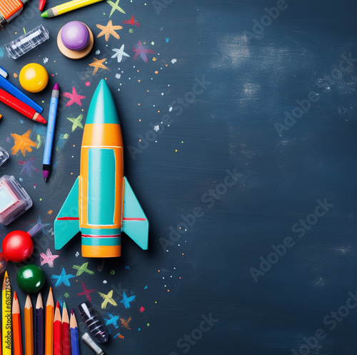 Bright toy rocket and school supplies on chalkboard, flat lay with space for text. Banner design. Made with generative ai