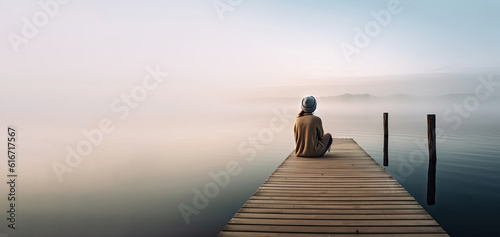 A woman sits on a wooden pier looking at a calm misty lake and meditates.
