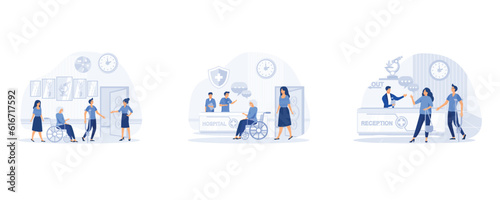 Hospital reception, healthcare concept, Man asks a question to the hospital register office, set flat vector modern illustration