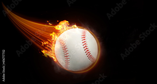 Baseball ball fly with magic effect swiftly in black background orange flame.