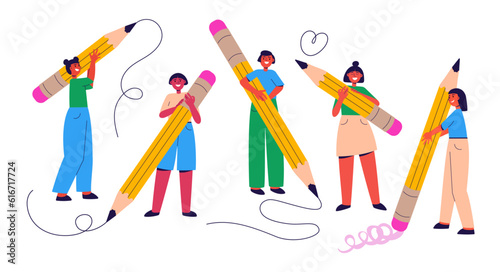 Diverse people holding big pencils. Happy young students writing, drawing, erasing mistake. Education, creating concept. Back to school. Vector illustration isolated on white background