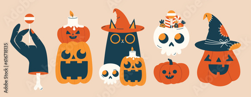 Set of cute Halloween vector illustrations. Stickers with black cat in witch hat, skull with candies, evil pumpkins, hand with bone. Happy Halloween concept. Funny, quirky cliparts with characters.