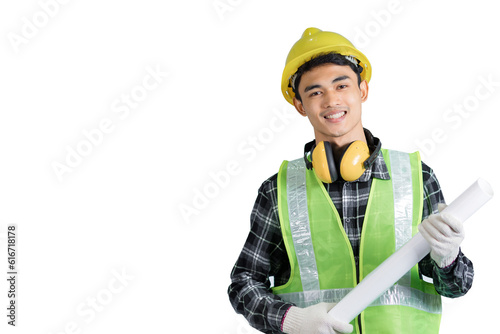 Asian young engineer wearing light green protective suit wearing a yellow hat wearing white gloves yellow headphones Two hands holding scrolls with happy smiling faces. white background