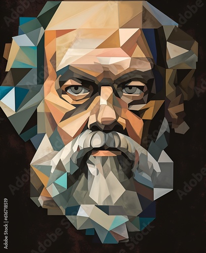 A cubist portrait of Socrates, using geometric shapes and intersecting planes to depict his facial features
