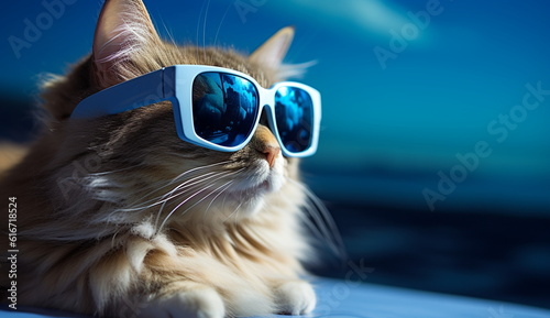 A close-up portrait of a stylish cat wearing glasses, exuding a fashionable vibe against a blue background. Based on Generative Ai. © Dind's_Project