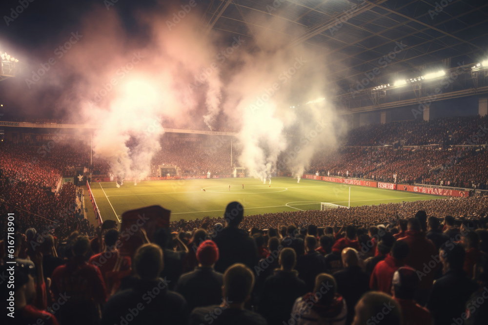 Fans at stadium are burning flares and smoke bombs. Football stadium during soccer match