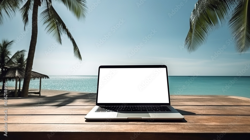 Laptop with cut out screen at sea resort. Remote work and business in palm paradise. Online purchase of air tickets and hotels. Copy space