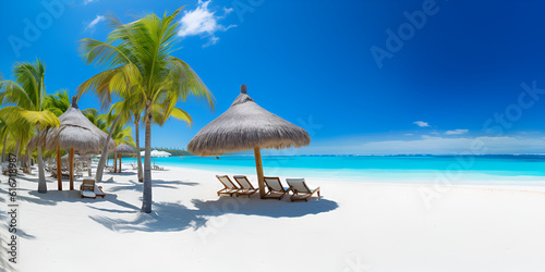 Summer Landscape Getaway Lounge Chairs and Palm Trees Calm Sea for Beach Banner Ai Generatd  © Faiza