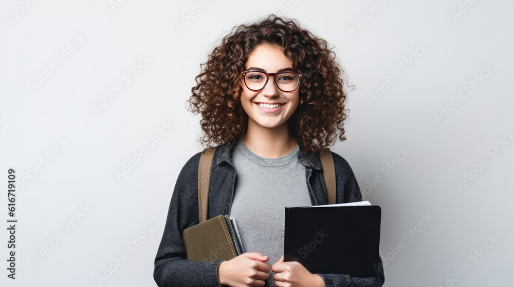 Young curly student woman wearing glasses and backpack holding books and tablet over isolated white background, learning and educational back to school concept, Generative AI - obrazy, fototapety, plakaty 