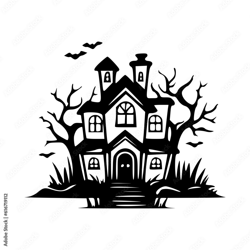 Halloween haunted house black outlines vector illustration