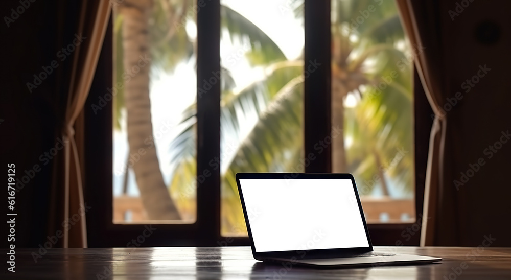 Laptop with cut out screen at sea resort. Remote work and business in palm paradise. Online purchase of air tickets and hotels. Copy space
