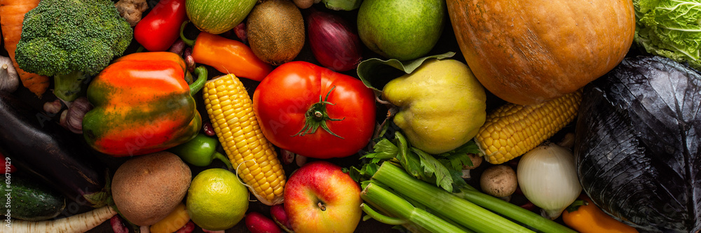 Ripe fresh vegetables, organic seasonal vegetables banner, autumn farm harvest, top view Ripe fresh vegetables, organic seasonal vegetables banner, autumn farm harvest, top view