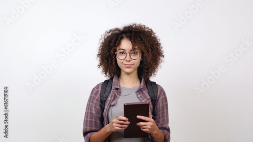 Young curly student woman wearing glasses and backpack holding books and tablet over isolated white background, learning and educational back to school concept, Generative AI