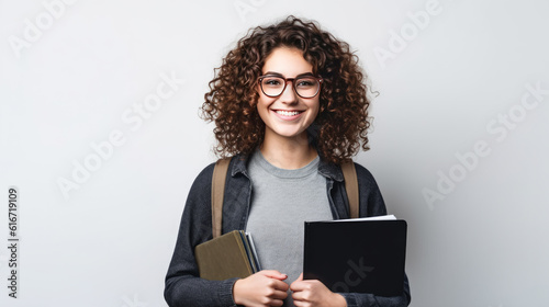 Young curly student woman wearing glasses and backpack holding books and tablet over isolated white background, learning and educational back to school concept, Generative AI