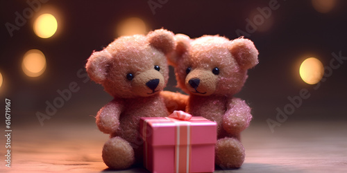 Two cute teddy bears, Gift box silk ribbon, Pink background, Vector illustration isolated, White background. Ai Generated  © Faiza