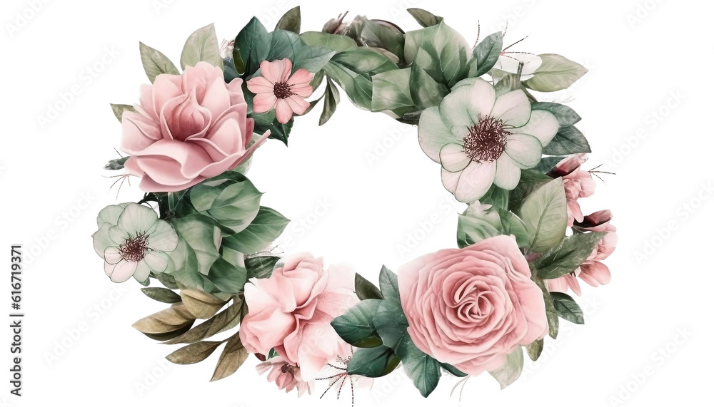 Watercolor Green leaves and blush pink flowers circle frame, for fashion, backgrounds, textures, DIY, cards, wedding stationary, greetings, wallpapers, wrappers, invitations, Generative ai
