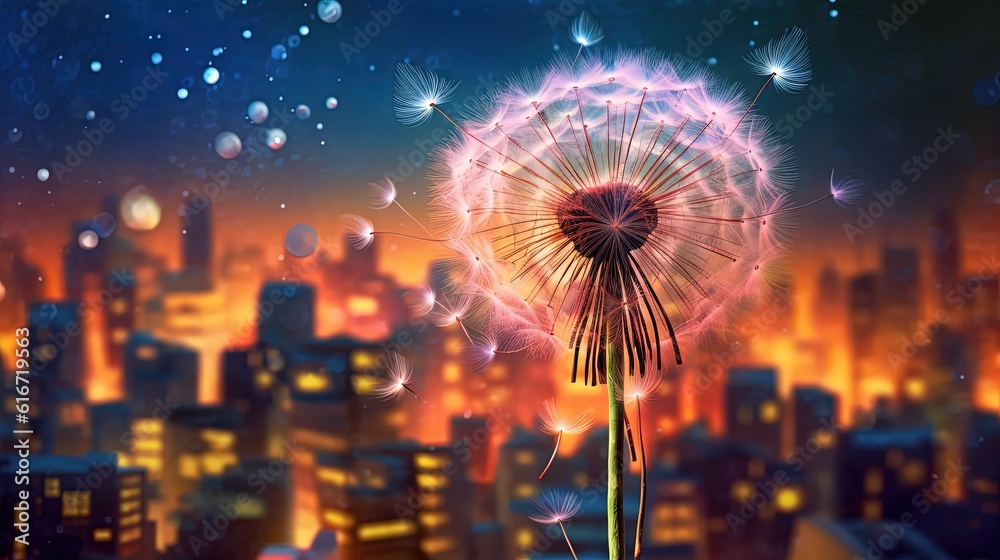 illustration of dandelion seed field with cityscape background, Generative Ai