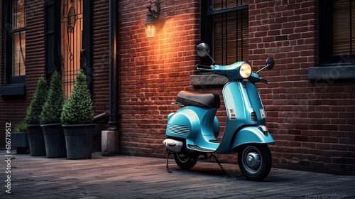 vintage scooter park with old house background, Generative Ai