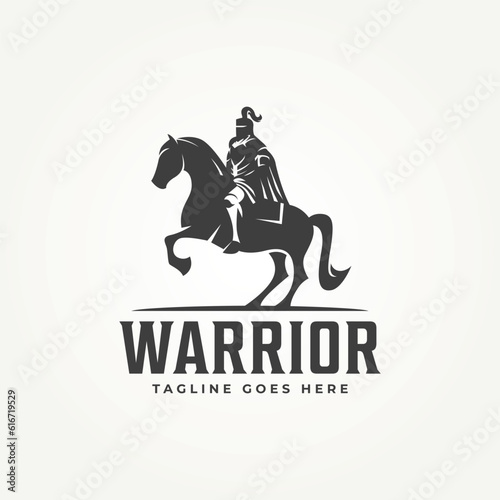 silhouette warrior knight icon logo template vector illustration design. simple modern warrior riding knight horse logo concept