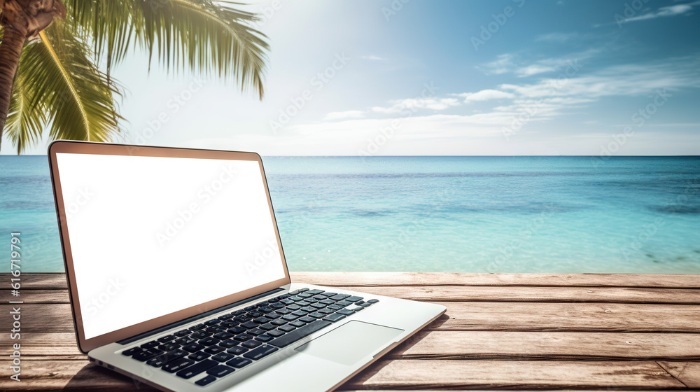 Laptop with cut out screen at sea resort. Remote work and business in palm paradise. Online purchase of air tickets and hotels. Copy space Laptop with cut out screen at sea resort. Remote work and business in palm paradise. Online purchase of air tickets and hotels. Copy space