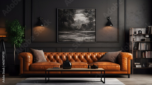 living room interior, modern living room with sofa, Interior leather sofa, mockup sofa, Interior of living room with leather sofa, Modern Style, Generative AI
