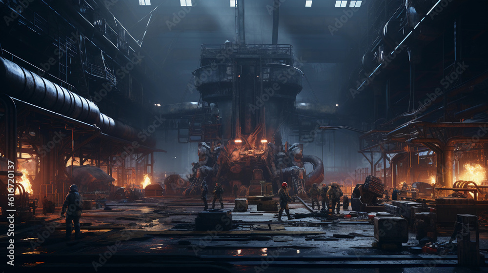 Highly detailed industrial scenery, large factory, well - lit interior, filled with rows of robust machinery hard at work, sparks flying from a welding process, workers in blue uniforms operating equi