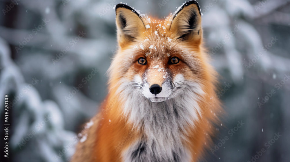 Obraz premium Close - up of a Red Fox in a snowy forest, bright green eyes, shaggy fur, crisp focus, soft lighting