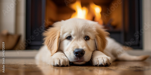 Golden retriever puppy laying on a fluffy white rug, in front of a roaring fireplace, eyes glinting with mischief