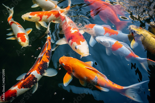 Group of colorful koi fish swimming in a serene Japanese pond, top - down perspective