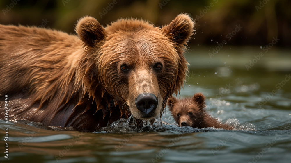 mother bear in the water with her cub
mother bear in the water with her cub