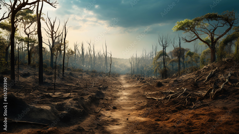 Realistic photograph, climate, depicting a desolate landscape, forests, skeletal remains of trees, sunlight, scorched earth, forest