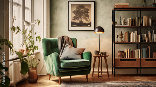 Hyper - realistic photograph, a cozy and stylish home interior, a corner with a plush, velvet green armchair, brass floor lamp, wooden coffee table, and a stack of vintage hardcover books. In the back © Marco Attano