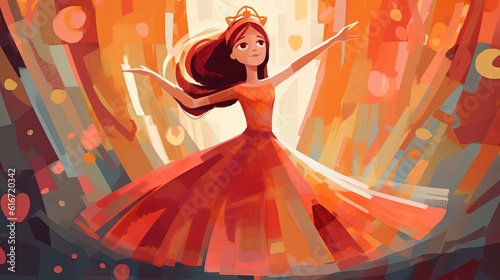 illustration of cute princess dancing in glitter glow light, Generative Ai