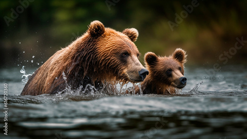 mother bear in the water with her cub 