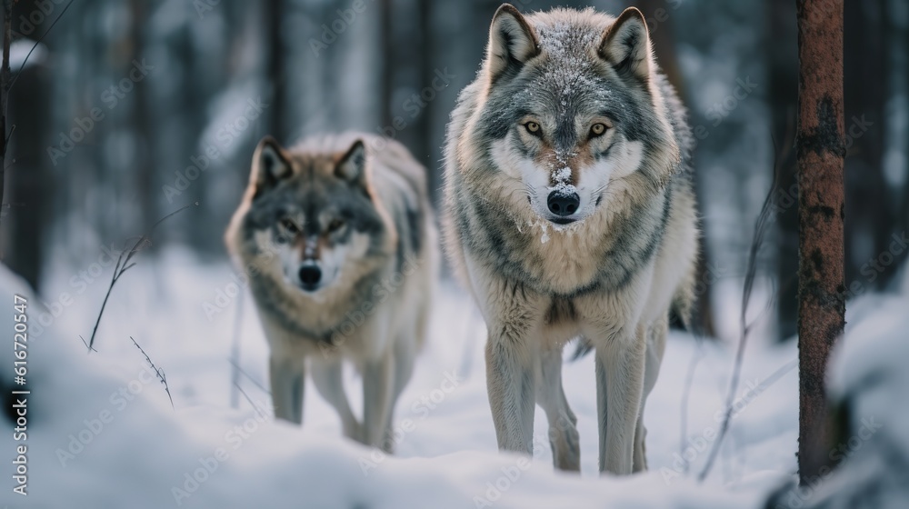 Fototapeta premium A majestic wolf in the snow.AI generated. 