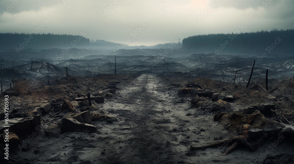 Hyper - realistic photograph, parched, cracked earth foreground symbolizing, distant horizon, smoke, factories for pollution, chopped, forest, deforestation. Dramatic, overcast lighting with a dull, m Hyper - realistic photograph, parched, cracked earth foreground symbolizing, distant horizon, smoke, factories for pollution, chopped, forest, deforestation. Dramatic, overcast lighting with a dull, m