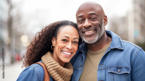 Portrait of happy African American couple looking at camera in the city. Portrait of smiling couple standing in street, lifestyle. Cheerful african american couple embracing each other. AI Generated.