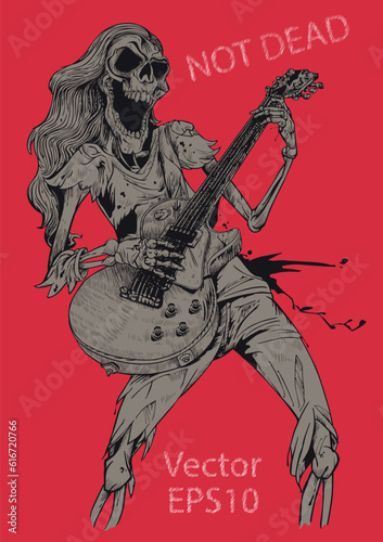 Rock human skeleton  musician playing electric guitar .Rock concert poster, t shirt, postcard, stock vector illustration