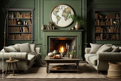 Mockup of the living room features green walls and an impressive fireplace, in the style of historical illustration, earth tones, photorealistic detail, adventure themed, classical style. Generative A photo