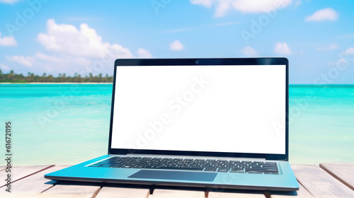 Laptop with cut out screen at sea resort. Remote work and business in palm paradise. Online purchase of air tickets and hotels. Copy space