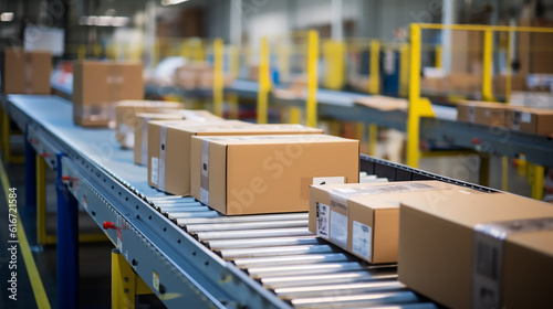 Fotografiet Closeup of multiple cardboard box packages seamlessly moving along a conveyor belt in a warehouse fulfillment center, a snapshot of e-commerce, delivery, automation, and products