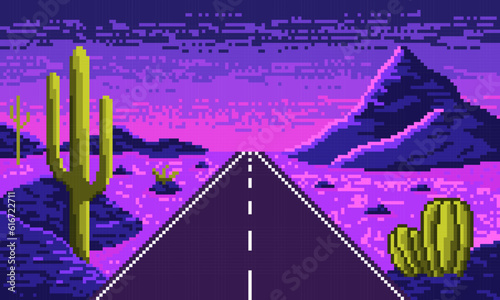 Neon pixel desert with straight highway background. Hot synthwave 8bit valley with asphalt road stretching into horizon with purple sand and hills with vector thorny plants.