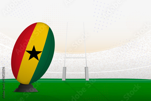 Ghana national team rugby ball on rugby stadium and goal posts  preparing for a penalty or free kick.