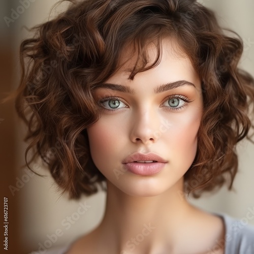 Portrait of beautiful young woman with green eyes and brown curly hair. Face of a beautiful green-eyed woman. Attractive girl with short hairstyle looking to the camera. Beauty, Skin care concept.