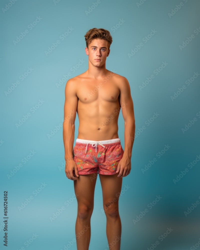 Portrait of a fictional young person in swim short, isolated on plain background. Generative AI illustration.