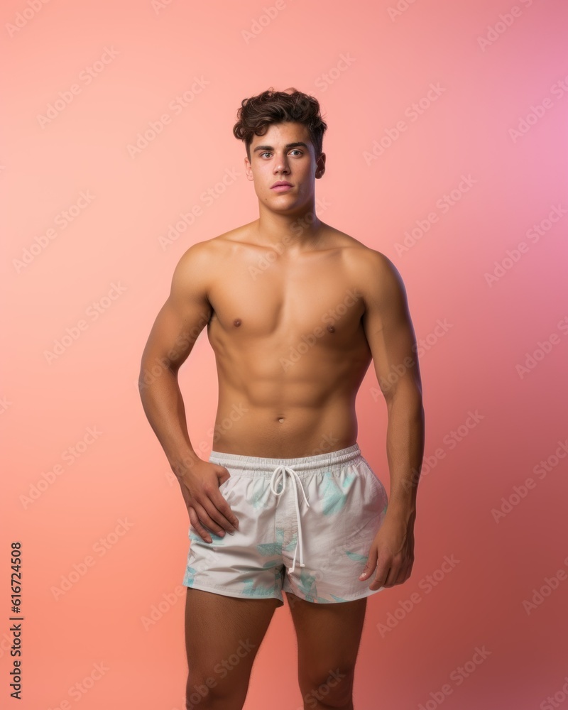 Fototapeta premium Portrait of a fictional young person in swim short, isolated on plain background. Generative AI illustration.