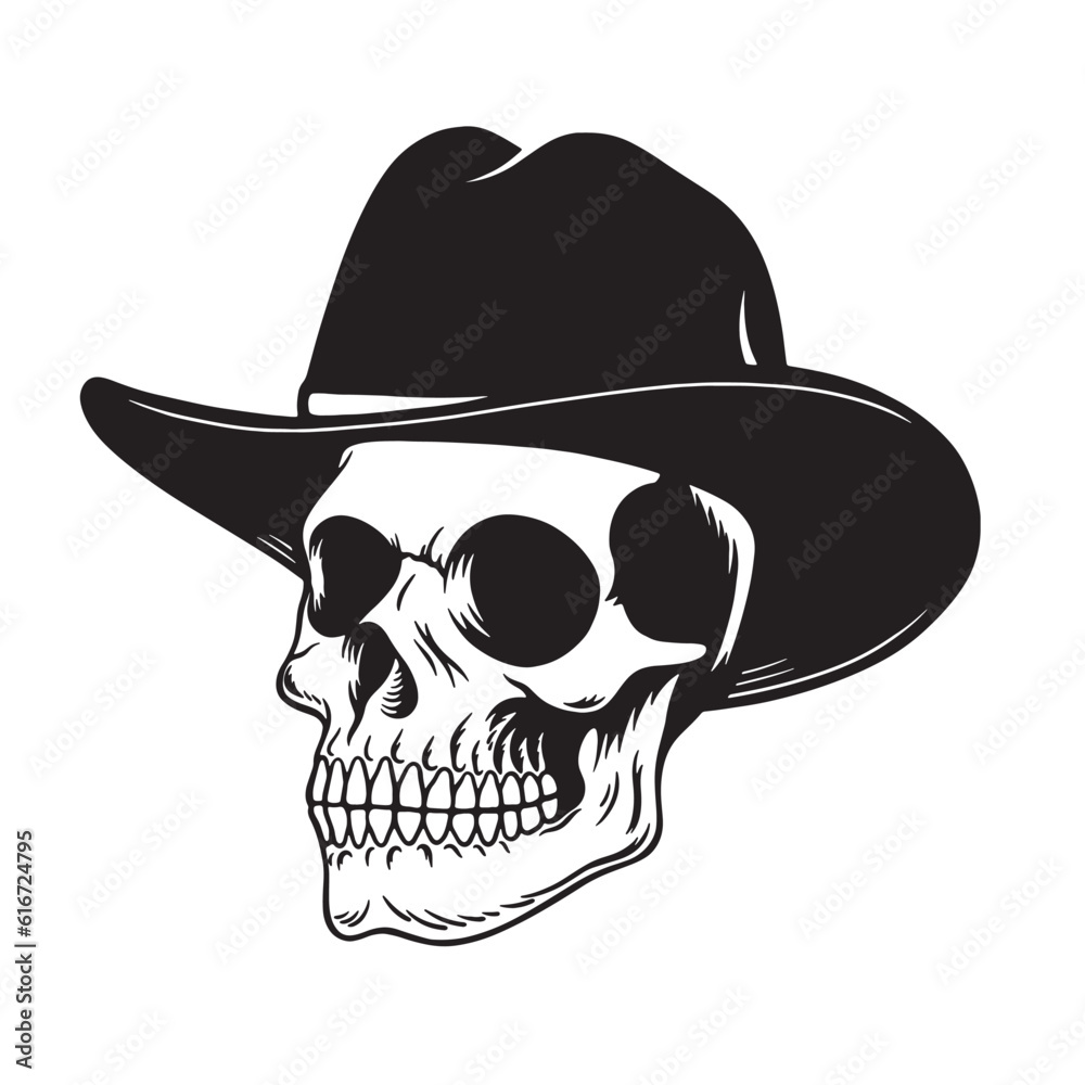 Monochrome black and white skull with cowboy hat. Vector illustration print on tshirts jacket and souvenirs. Vintage tattoo hand drawn style Monochrome black and white skull with cowboy hat. Vector illustration print on tshirts jacket and souvenirs. Vintage tattoo hand drawn style
