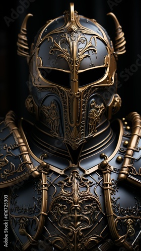 Front view of a detailed steampunk armor in black and gold. Created with Generative AI