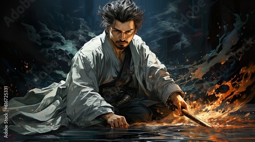 Middle aged samurai sitting in water splashing water and flames with katana. Created with Generative AI